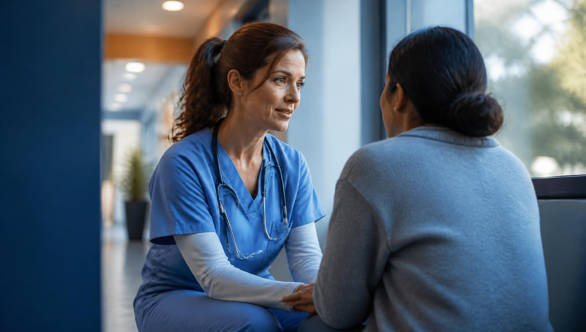 Illustration: a nurse speaking gently with a family member in a modern hospital