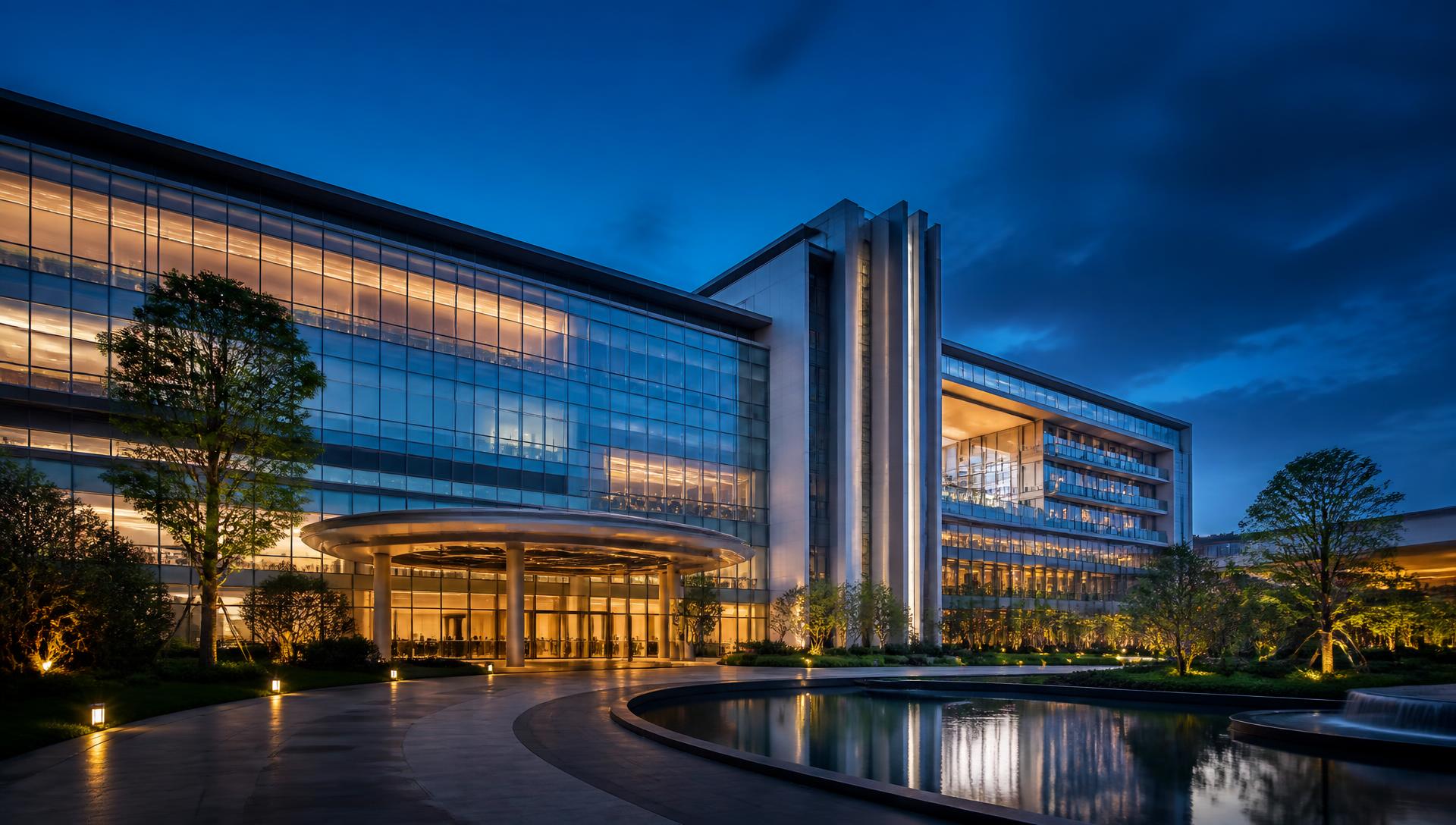 Illustration: a modern international medical centre at dusk