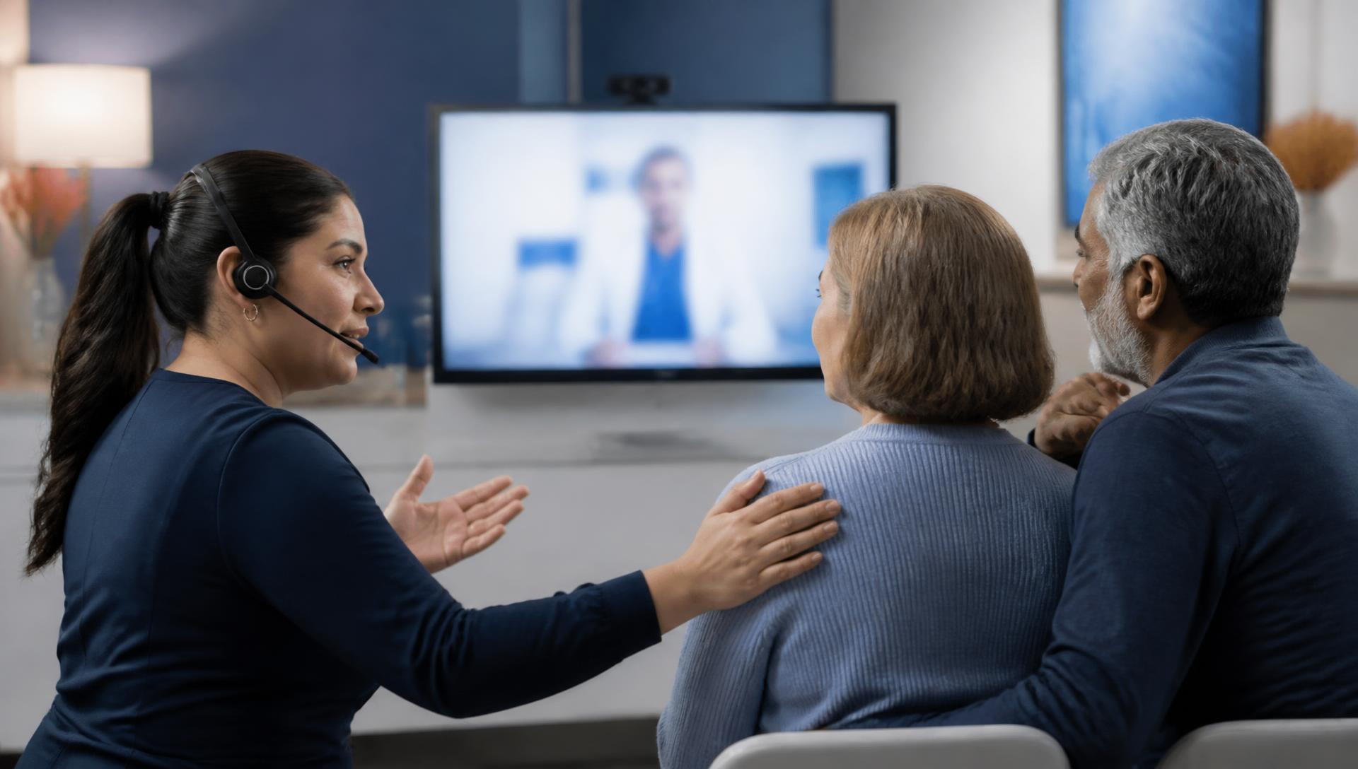 Illustration: an interpreter supporting a patient and caregiver during a video consultation