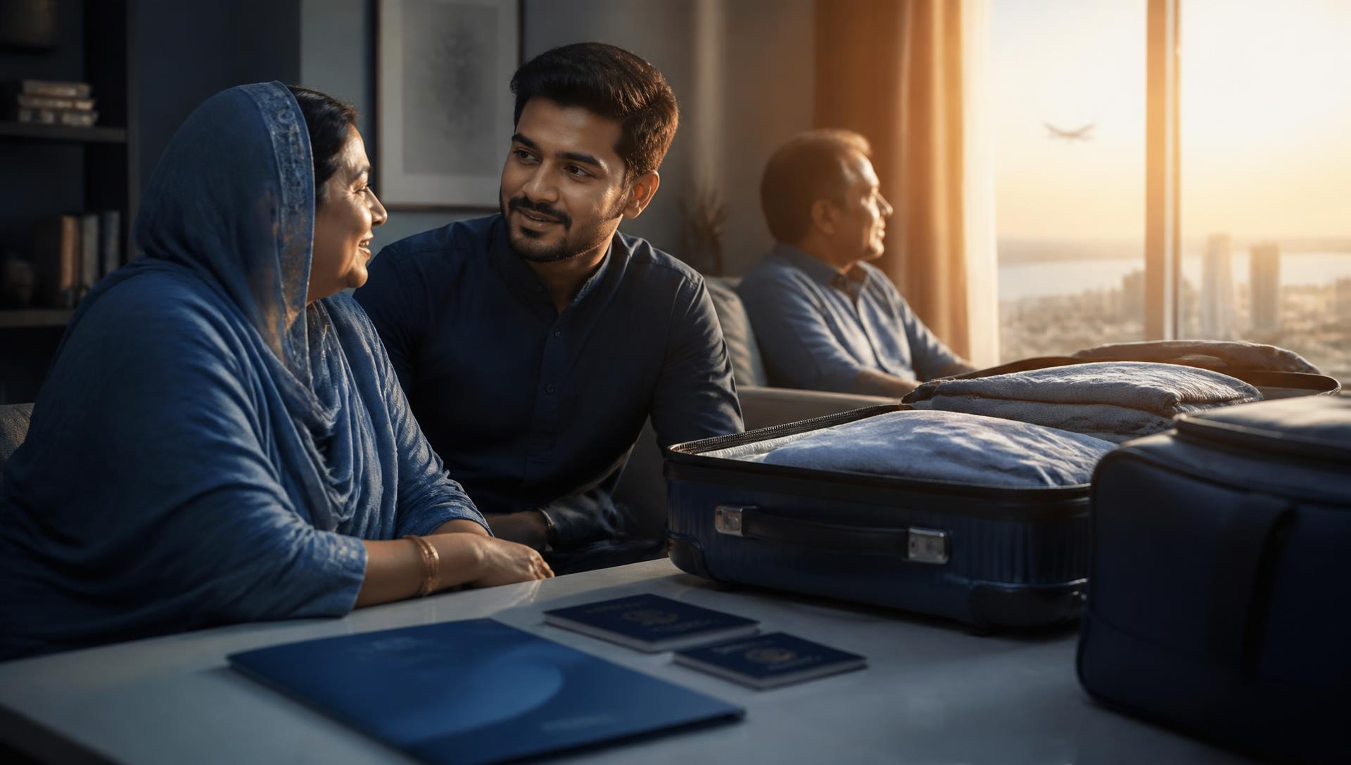 Illustration: a Bangladeshi family preparing documents and luggage for treatment travel